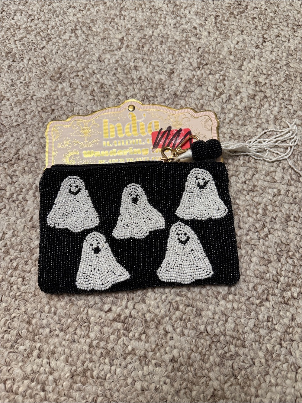 Indigo Black Beaded Ghost Pouch with White Ghosts
